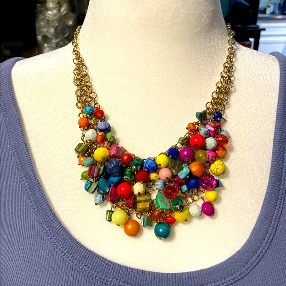 Vintage Jewelry - Bright multicolored beaded gold tone necklace